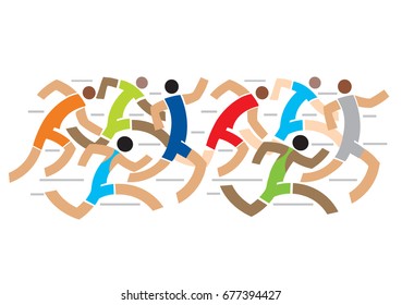 Runners Competition Marathon.
Colorful stylized illustration of race runners. Vector available.