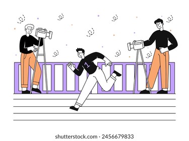 Runners competitions linear. Athlete and sportsman run to finish line. Active lifestyle and sports. Winner at marathon tournament. Doodle flat vector illustration isolated on white background