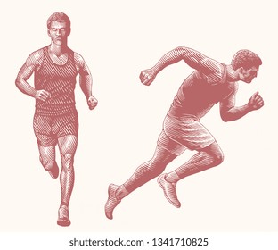 Runners. Design set. Hand drawn engraving. Editable vector vintage illustration. Isolated on light background. 8 EPS 