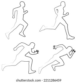 Runners. Four linear silhouettes of runners. Linear art. The shadows of the runners. Athletics. Stencils