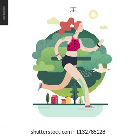 Runners - a girl running in the park - flat vector concept illustration of ginger young woman with headphones, sporting equipment and kinesio tapes.. Healthy activity. Park, trees, drone and houses