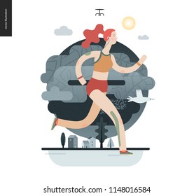 Runners - a girl running in the park - flat vector concept illustration of ginger young woman with headphones, sporting equipment and kinesio tapes.. Healthy activity. Park, trees, drone and houses