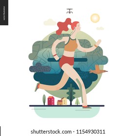 Runners - a girl running in the park - flat vector concept illustration of ginger young woman with headphones, sporting equipment and kinesio tapes.. Healthy activity. Park, trees, drone and houses