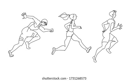 Runners group cartoon characters. Marathon, exercise and athletics. Sport training in motion. Running men and women. People runner race, training to marathon, jogging 