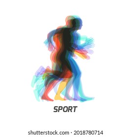 Runners group in motion. Design for sport. Emblem for marathon and jogging. Transparent overlapping colors silhouettes. Vector illustration for print, web site, poster, placard or wallpaper. 