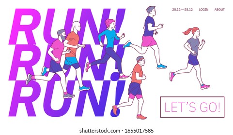 Runners group in motion. Running men and women sports background. People runner race, training to marathon, jogging and running illustration. Different gender and age marathon runners banner.