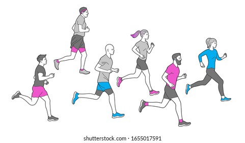 Runners group in motion. Running men and women sports background. People runner race, training to marathon, jogging and running illustration. Different gender and age marathon runners.