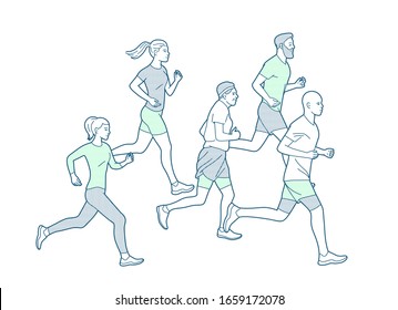 Runners group in motion. Running men and women sports background. People runner race, training to marathon, jogging and running illustration. Different gender and age marathon runners.