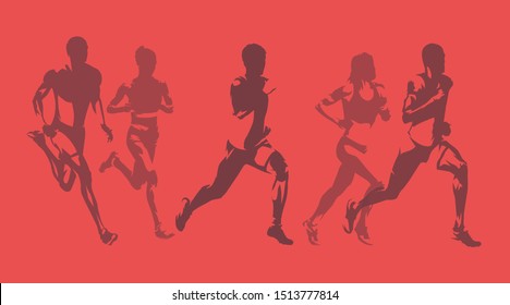 Runners, group of running men and woman. Set of isolated vector silhouettes. Ink drawing