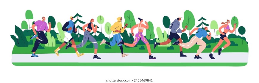 Runners, joggers in park. Many active people jogging, running, landscape panorama, border. Healthy cardio activity, endurance workout, sports training, exercising. Flat vector banner illustration