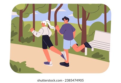 Runners jogging in park together. Couple of joggers do sports outdoor. People do cardio exercises, running partners keep their body, health. Active morning in nature. Fitness flat vector illustration