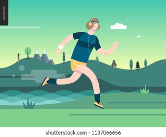 Runners - a man running in the park - flat vector concept illustration of a guy with headphones, t-shirt and yellow shorts. Healthy activity. Green park, trees, hills and a lake landscape at dawn