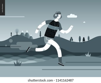 Runners - a man running in the park -flat vector concept illustration of a guy with headphones, t-shirt and shorts. Healthy activity. Park, trees, hills and a lake landscape at dawn in black and white
