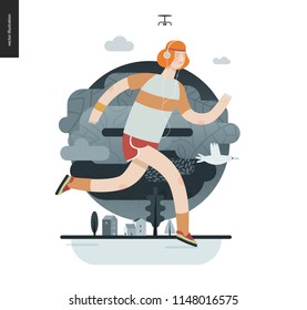 Runners - a man running in the park - flat vector concept illustration of ginger guy with headphones, t-shirt and red shorts. Healthy activity. Green park, trees, drone and house buildings