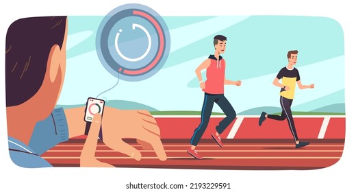 Runners Men Running, Coach Person Checking Time On Smart Watch. Professional Athlete Characters Training In Competitive Sport. Race Competition, Athletic Training Flat Style Vector Illustration