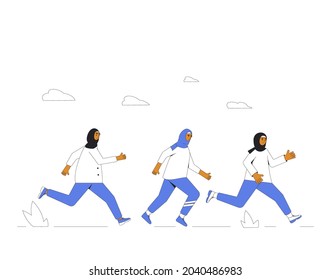 Runners. Muslim young women running. Participation in sports races, athletic competitions. Marathon, exercise. Joggers at a stadium track. Vector illustration.