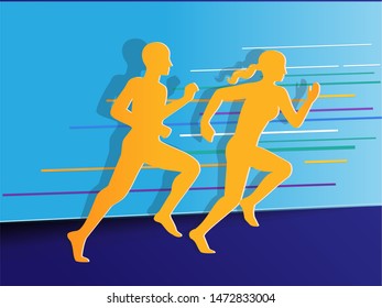 Runners. Paper cut imitation. Vector sport concept.
