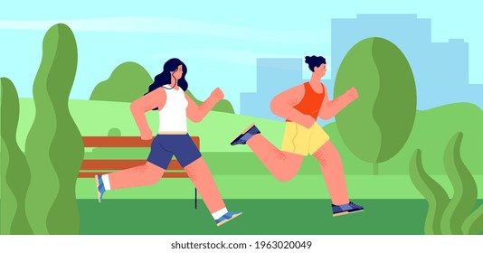 Runners in park. Outdoor athlete, runner jogging summer marathon. Nature activities, people run together. Healthy lifestyle utter vector concept