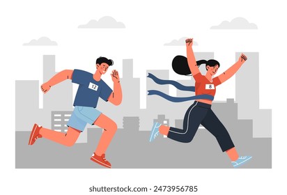 Concepto de carrera de corredores. Hombre y mujer corren hacia la meta. Atletas compitiendo en una competencia de maratón. Estilo de vida activo y deportes. Ilustración vectorial plana de dibujos animados aislada sobre fondo blanco