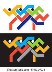 Runners race icons. 
Colorful abstract stylized illustration of race runners on black and white background. Vector available.