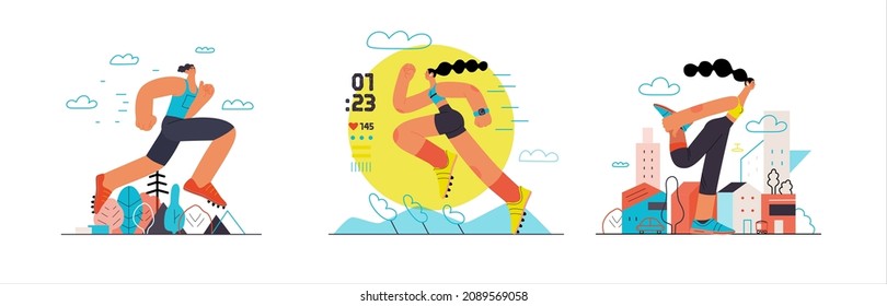 Runners set. Flat vector concept illustrations of male and female athletes running in the park, forest, stadium track or street landscape. Healthy activity and lifestyle. Sprint, jogging, warming up.