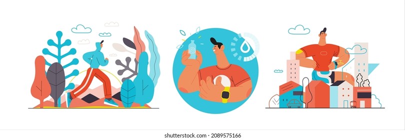 Runners set. Flat vector concept illustrations of male and female athletes running in the park, forest, stadium track or street landscape. Healthy activity and lifestyle. Sprint, jogging, warming up.