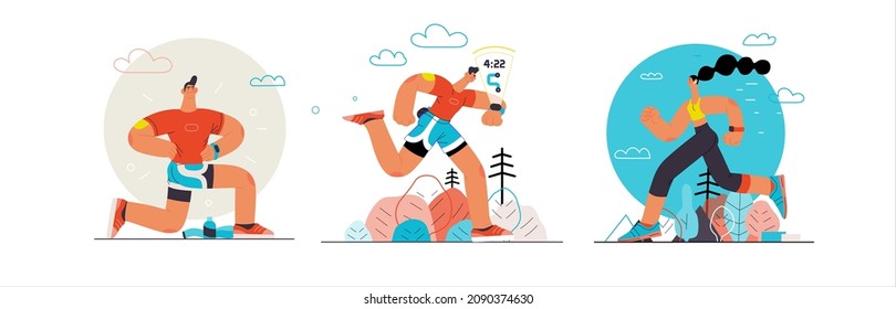 Runners set. Flat vector concept illustrations of male and female athletes running in the park, forest, stadium track or street landscape. Healthy activity and lifestyle. Sprint, jogging, warming up.