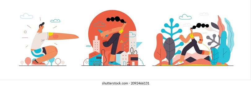 Runners set. Flat vector concept illustrations of male and female athletes running in the park, forest, stadium track or street landscape. Healthy activity and lifestyle. Sprint, jogging, warming up.