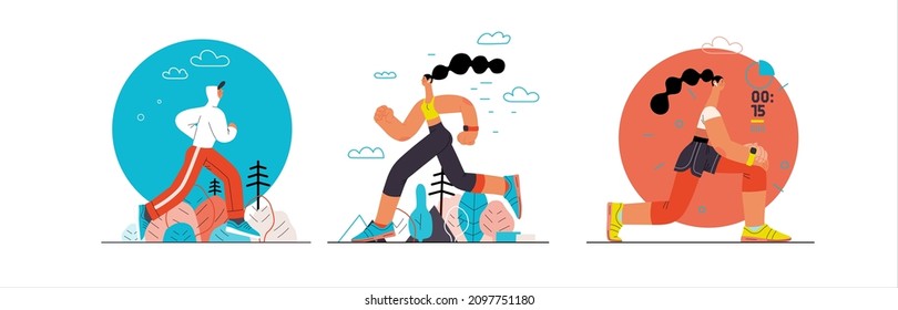 Runners set. Flat vector concept illustrations of male and female athletes running in the park, forest, stadium track or street landscape. Healthy activity and lifestyle. Sprint, jogging, warming up.