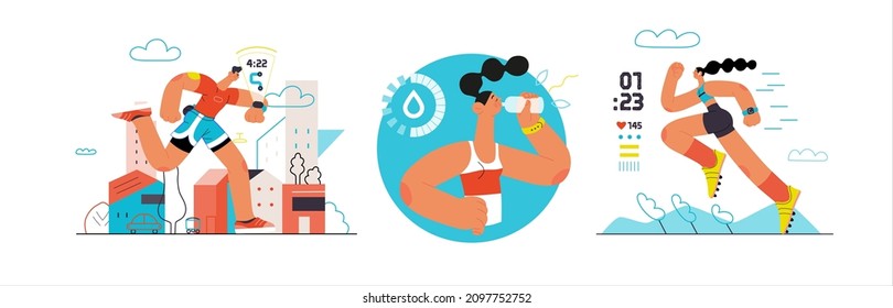 Runners set. Flat vector concept illustrations of male and female athletes running in the park, forest, stadium track or street landscape. Healthy activity and lifestyle. Sprint, jogging, warming up.