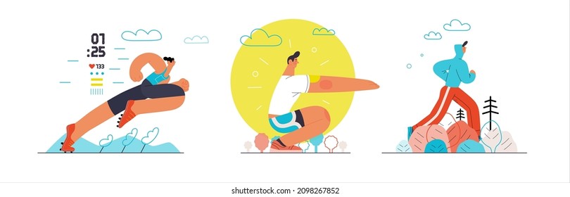 Runners set. Flat vector concept illustrations of male and female athletes running in the park, forest, stadium track or street landscape. Healthy activity and lifestyle. Sprint, jogging, warming up.