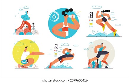 Runners set. Flat vector concept illustrations of male and female athletes running in the park, forest, stadium track or street landscape. Healthy activity and lifestyle. Sprint, jogging, warming up.