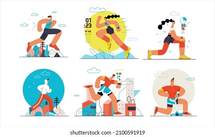 Runners set. Flat vector concept illustrations of male and female athletes running in the park, forest, stadium track or street landscape. Healthy activity and lifestyle. Sprint, jogging, warming up.