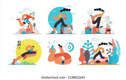 Runners set. Flat vector concept illustrations of male and female athletes running in the park, forest, stadium track or street landscape. Healthy activity and lifestyle. Sprint, jogging, warming up.