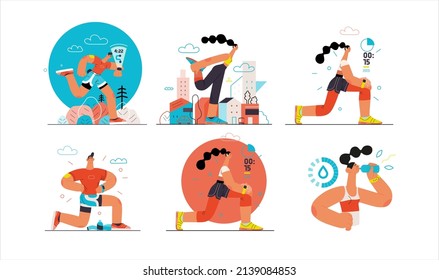 Runners set. Flat vector concept illustrations of male and female athletes running in the park, forest, stadium track or street landscape. Healthy activity and lifestyle. Sprint, jogging, warming up.