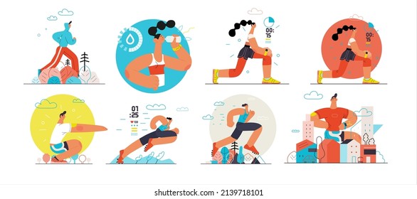 Runners set. Flat vector concept illustrations of male and female athletes running in the park, forest, stadium track or street landscape. Healthy activity and lifestyle. Sprint, jogging, warming up.