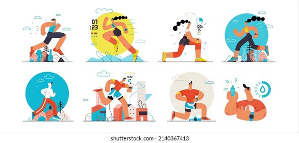 Runners set. Flat vector concept illustrations of male and female athletes running in the park, forest, stadium track or street landscape. Healthy activity and lifestyle. Sprint, jogging, warming up.