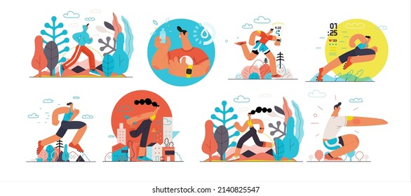 Runners set. Flat vector concept illustrations of male and female athletes running in the park, forest, stadium track or street landscape. Healthy activity and lifestyle. Sprint, jogging, warming up.