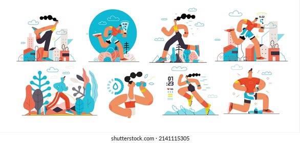 Runners set. Flat vector concept illustrations of male and female athletes running in the park, forest, stadium track or street landscape. Healthy activity and lifestyle. Sprint, jogging, warming up.