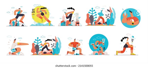 Runners set. Flat vector concept illustrations of male and female athletes running in the park, forest, stadium track or street landscape. Healthy activity and lifestyle. Sprint, jogging, warming up.