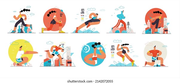 Runners set. Flat vector concept illustrations of male and female athletes running in the park, forest, stadium track or street landscape. Healthy activity and lifestyle. Sprint, jogging, warming up.