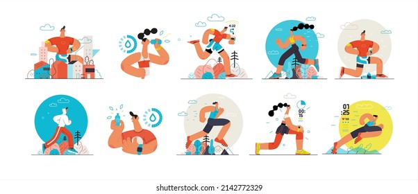 Runners set. Flat vector concept illustrations of male and female athletes running in the park, forest, stadium track or street landscape. Healthy activity and lifestyle. Sprint, jogging, warming up.