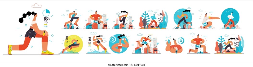 Runners set. Flat vector concept illustrations of male and female athletes running in the park, forest, stadium track or street landscape. Healthy activity and lifestyle. Sprint, jogging, warming up. - Shutterstock ID 2143214003