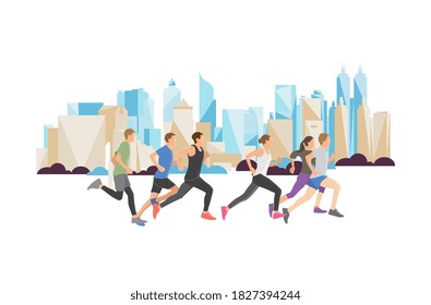 Runners in skyscraper city landscape background illustration vector