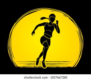Runners sprinting, Marathon running designed on sunrise background graphic vector