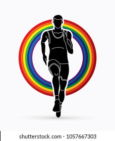 Runners sprinting, Marathon running designed on line rainbows background graphic vector