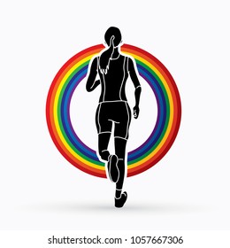 Runners sprinting, Marathon running designed on line rainbows background graphic vector