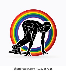 Runners sprinting, Marathon running designed on line rainbows background graphic vector