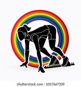 Runners sprinting, Marathon running designed on line rainbows background graphic vector