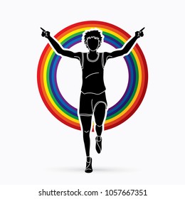 Runners sprinting, Marathon running designed on line rainbows background graphic vector